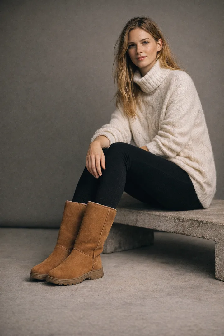 Woman wearing chestnut Classic Tall sheepskin boots in an editorial studio seated setting