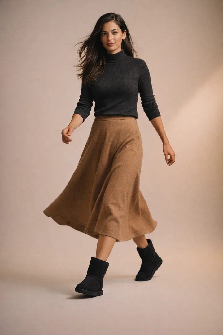 Woman wearing black Classic Short sheepskin boots in an editorial studio walking setting