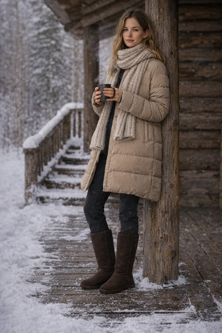 Woman wearing chocolate Classic Tall sheepskin boots in an editorial outdoor snow setting