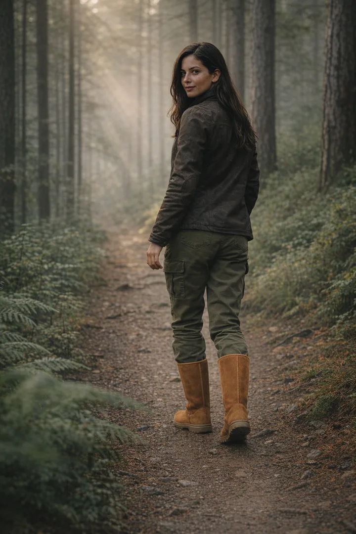 Woman wearing chestnut Classic Tall sheepskin boots in an editorial outdoor trail setting