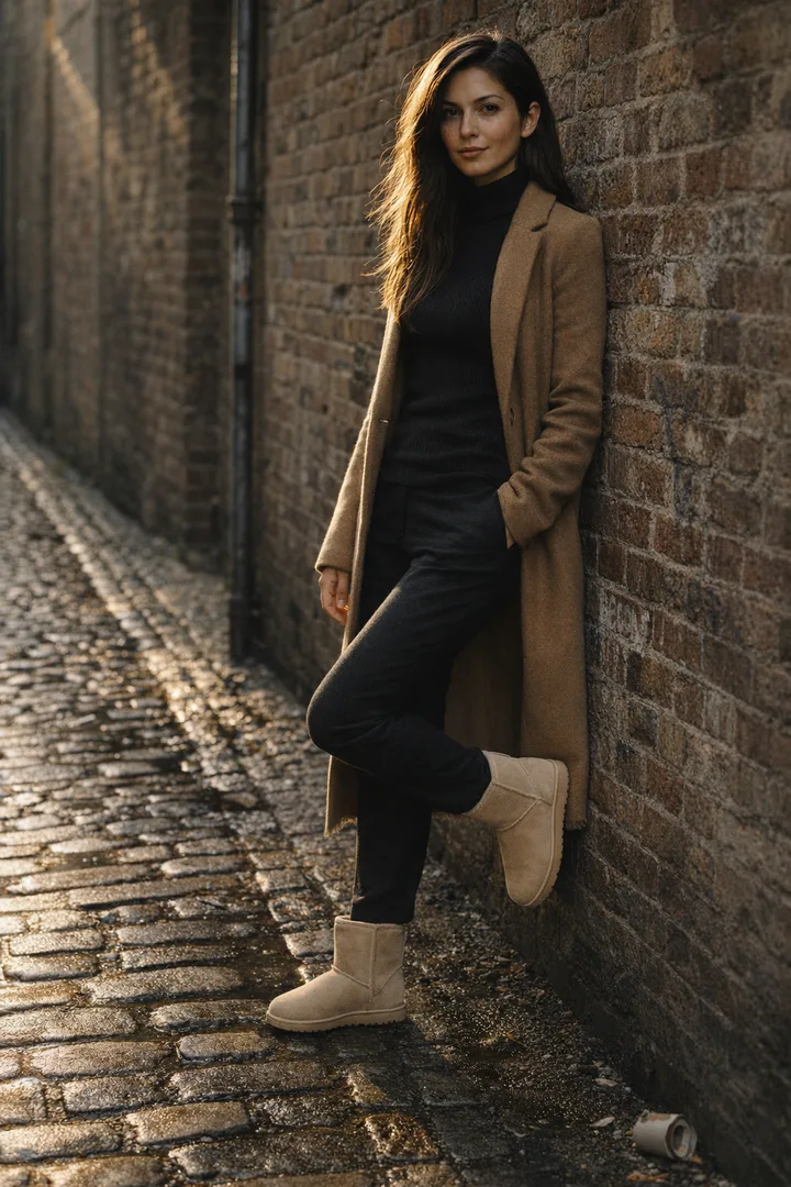 Woman wearing sand Classic Short sheepskin boots in an editorial urban brick setting
