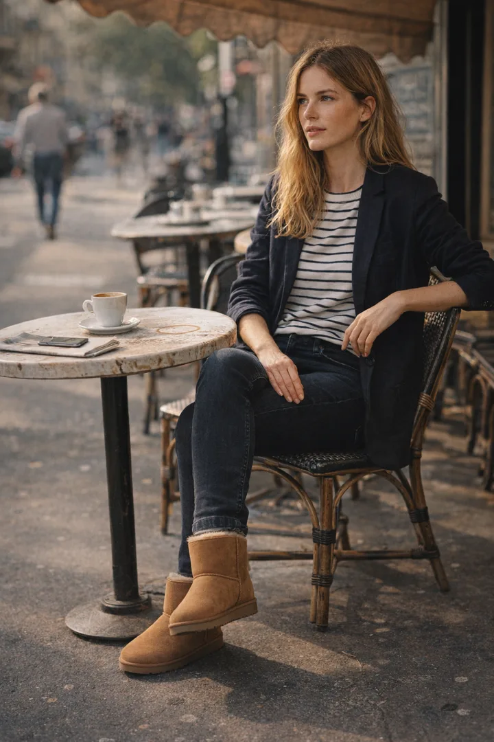 Woman wearing chestnut Classic Short sheepskin boots in an editorial urban cafe setting