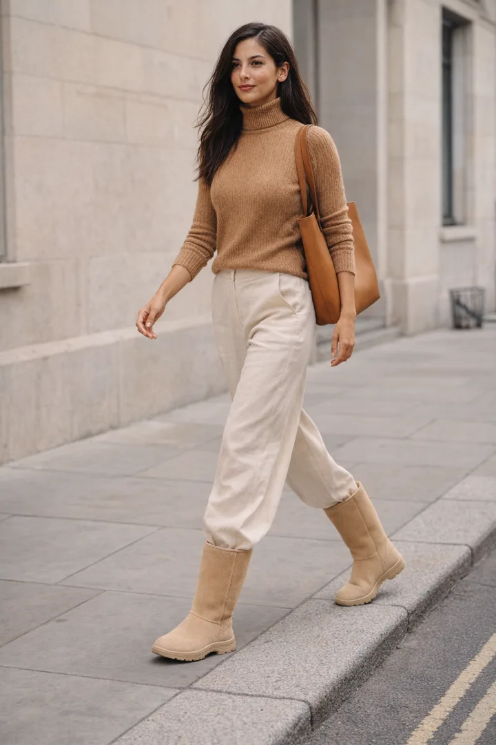 Woman wearing sand Classic Tall sheepskin boots with wide leg denim in an editorial setting