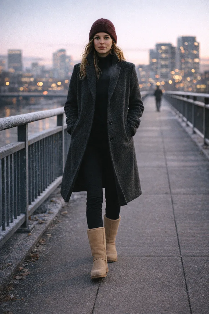 Woman wearing sand Classic Tall sheepskin boots in an editorial urban bridge morning setting