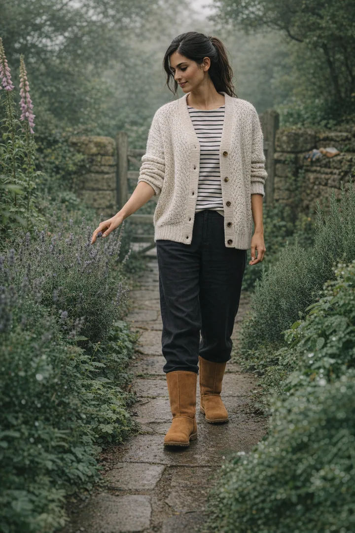Woman wearing chestnut Classic Tall sheepskin boots in an editorial outdoor garden morning setting