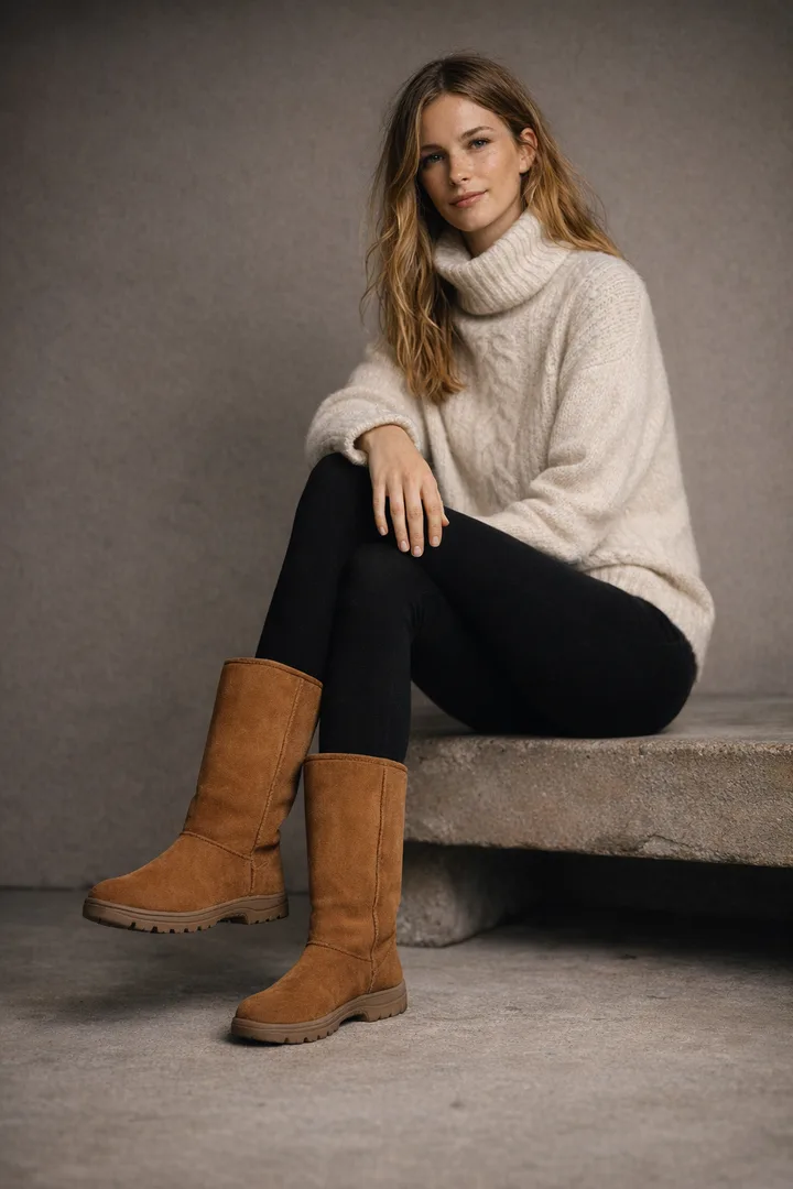 Woman wearing chestnut Classic Tall sheepskin boots in an editorial studio seated setting