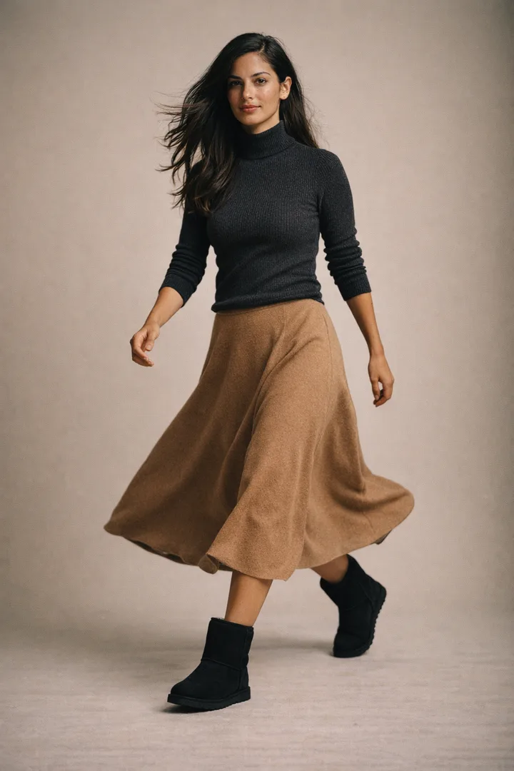Woman wearing black Classic Short sheepskin boots in an editorial studio walking setting