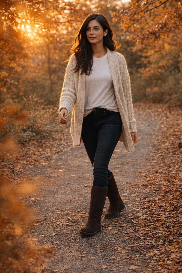 Woman walking through an autumn park at golden hour wearing chocolate Classic Tall sheepskin boots with dark jeans and a cream cable-knit cardigan