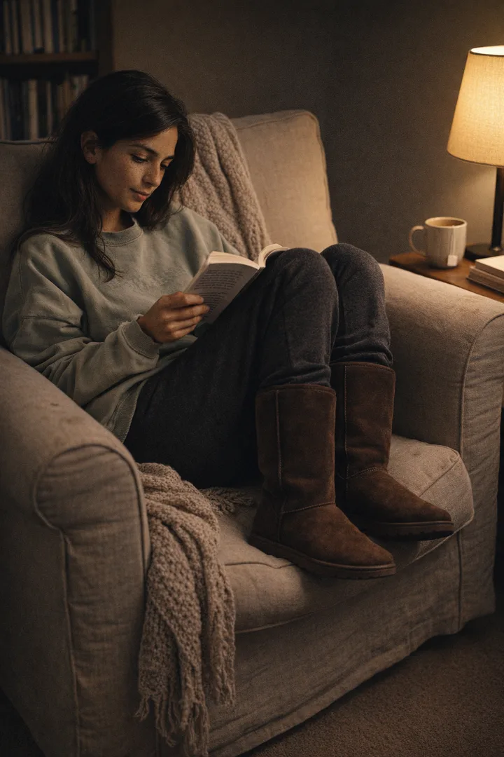Woman wearing chocolate Classic Tall sheepskin boots in an editorial cozy reading nook setting