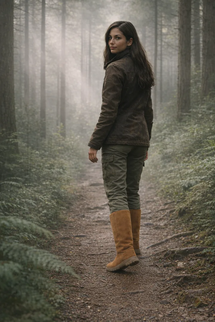Woman wearing chestnut Classic Tall sheepskin boots in an editorial outdoor trail setting