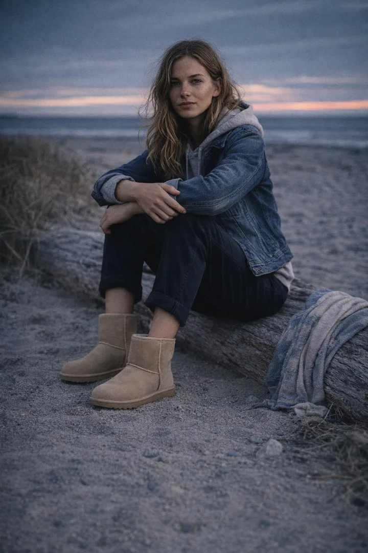 Woman wearing sand Classic Short sheepskin boots in an editorial outdoor beach dusk setting