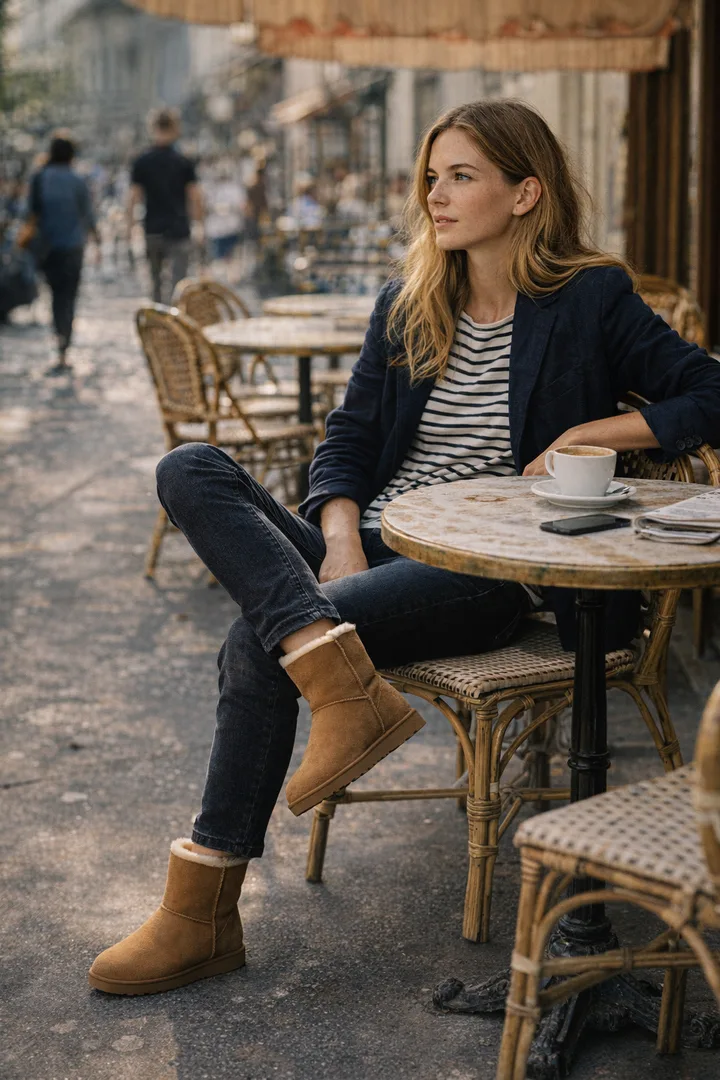 Woman wearing chestnut Classic Short sheepskin boots in an editorial urban cafe setting
