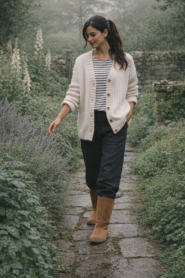 Woman wearing chestnut Classic Tall sheepskin boots in an editorial outdoor garden morning setting