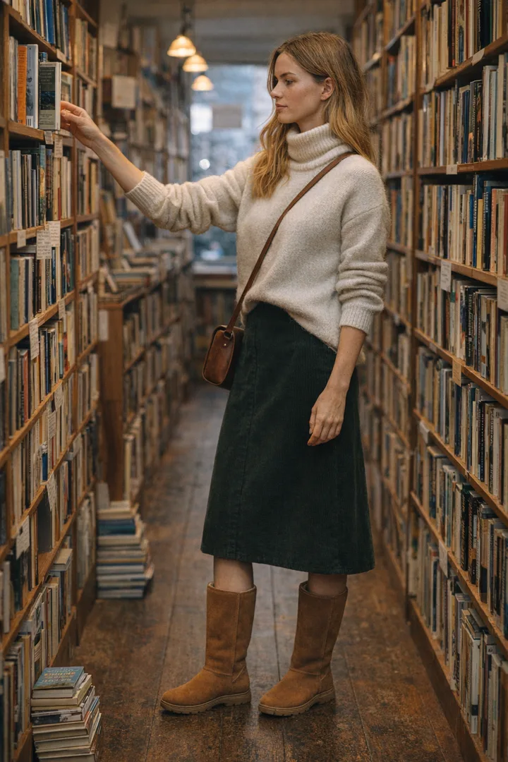 Woman wearing chestnut Classic Tall sheepskin boots in an editorial urban bookshop setting