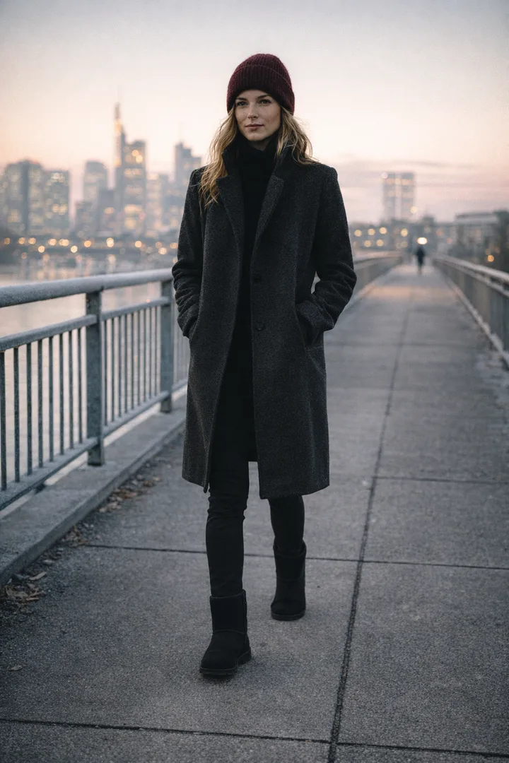 Woman wearing black Classic Short sheepskin boots in an editorial urban bridge morning setting