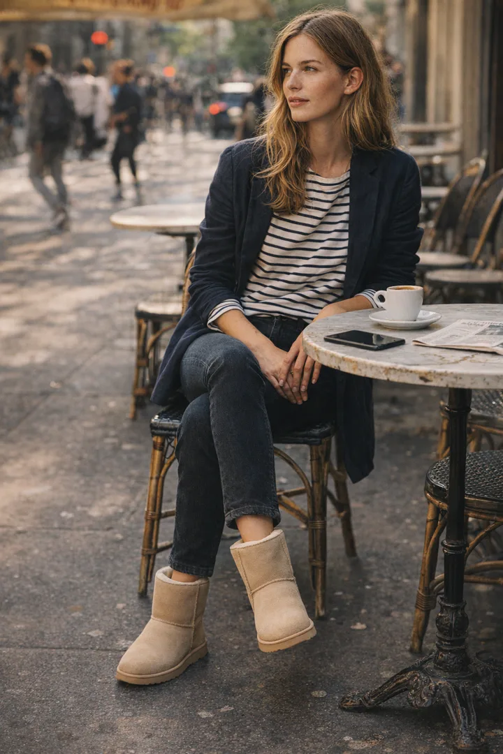Woman wearing sand Classic Short sheepskin boots in an editorial urban cafe setting