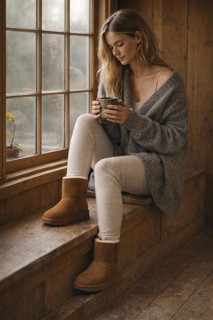 Woman wearing chestnut Classic Short sheepskin boots in an editorial cozy window setting