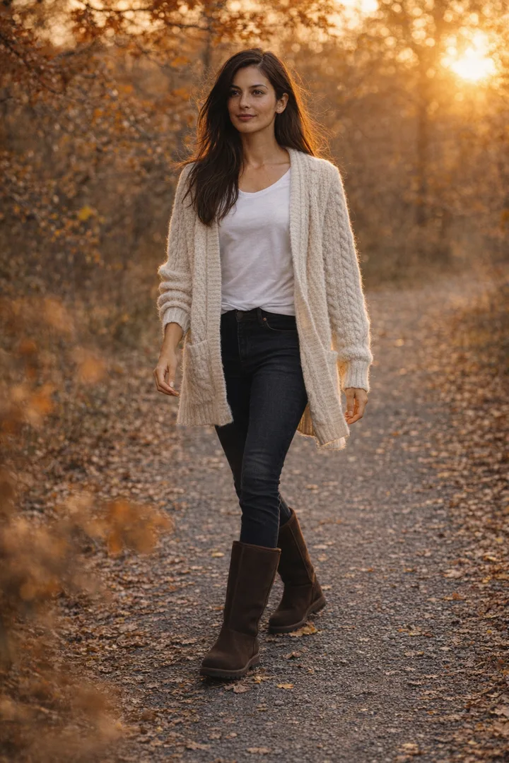 Woman wearing chocolate Classic Tall sheepskin boots in an editorial outdoor autumn setting