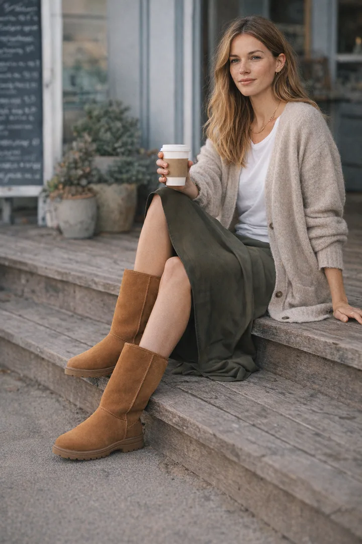 Woman wearing chestnut Classic Tall sheepskin boots in an editorial style coastal layers setting