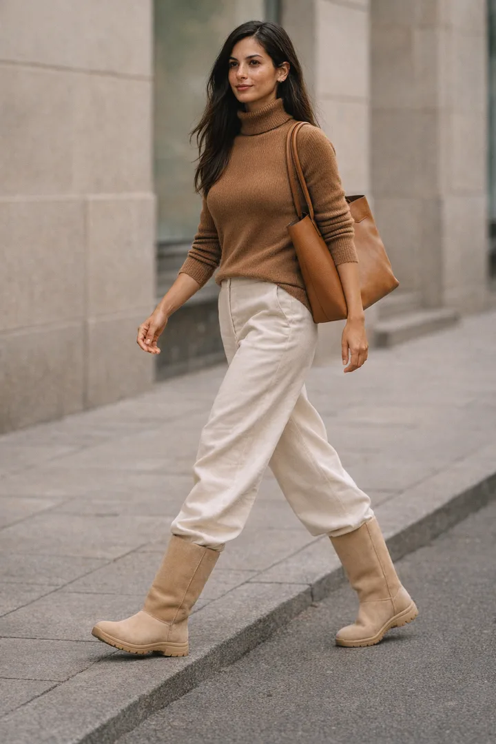 Woman wearing sand Classic Tall sheepskin boots in an editorial style wide leg denim setting