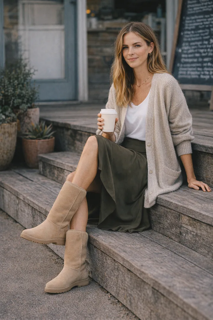 Woman in olive slip skirt and oatmeal cardigan wearing sand Classic Tall sheepskin boots, sitting on coastal cafe steps