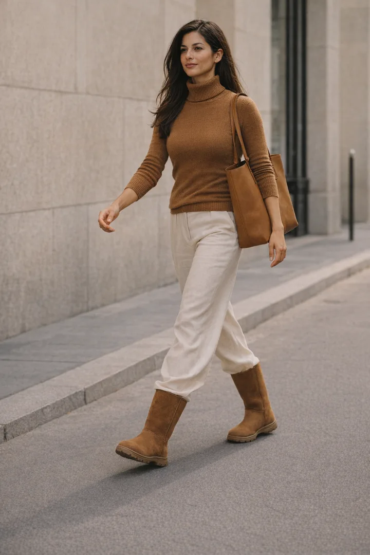 Woman in wide-leg cream trousers and camel turtleneck styling chestnut Classic Tall sheepskin boots on an urban sidewalk