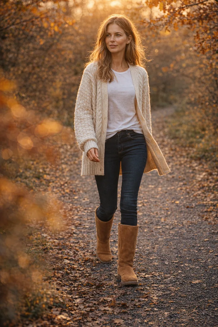 Woman wearing chestnut Classic Tall sheepskin boots in an editorial outdoor autumn setting
