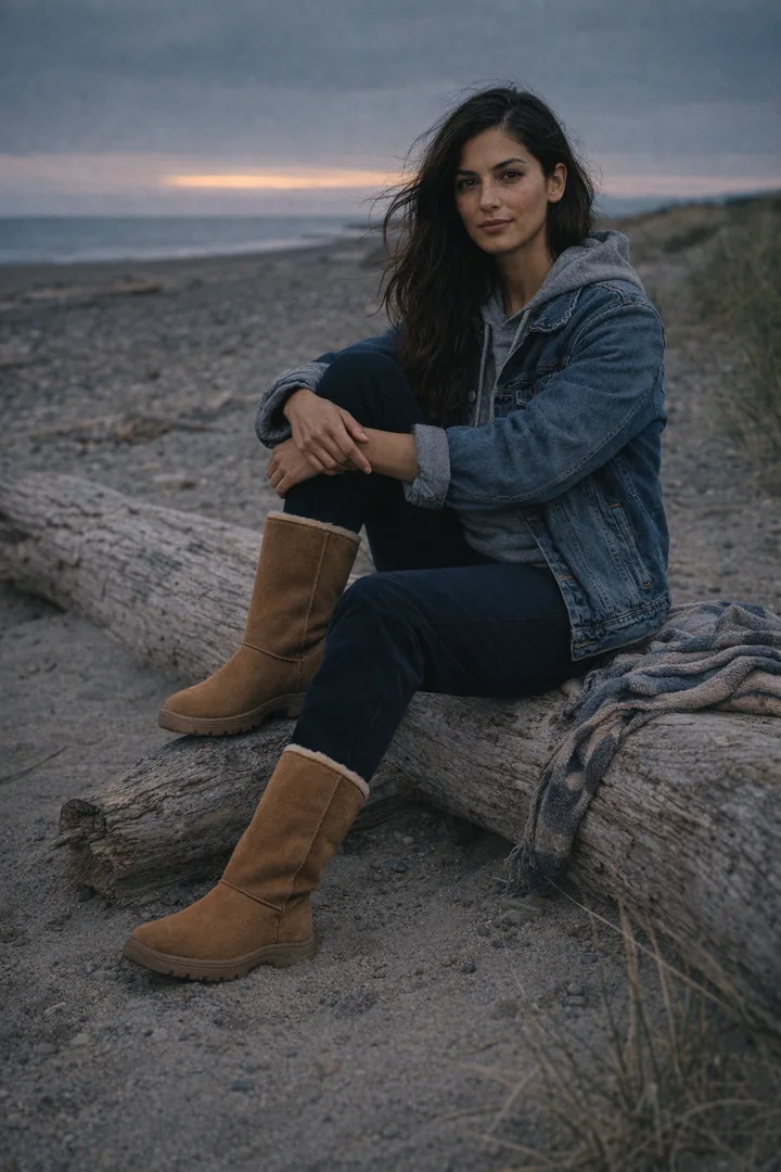 Woman wearing chestnut Classic Tall sheepskin boots in an editorial outdoor beach dusk setting
