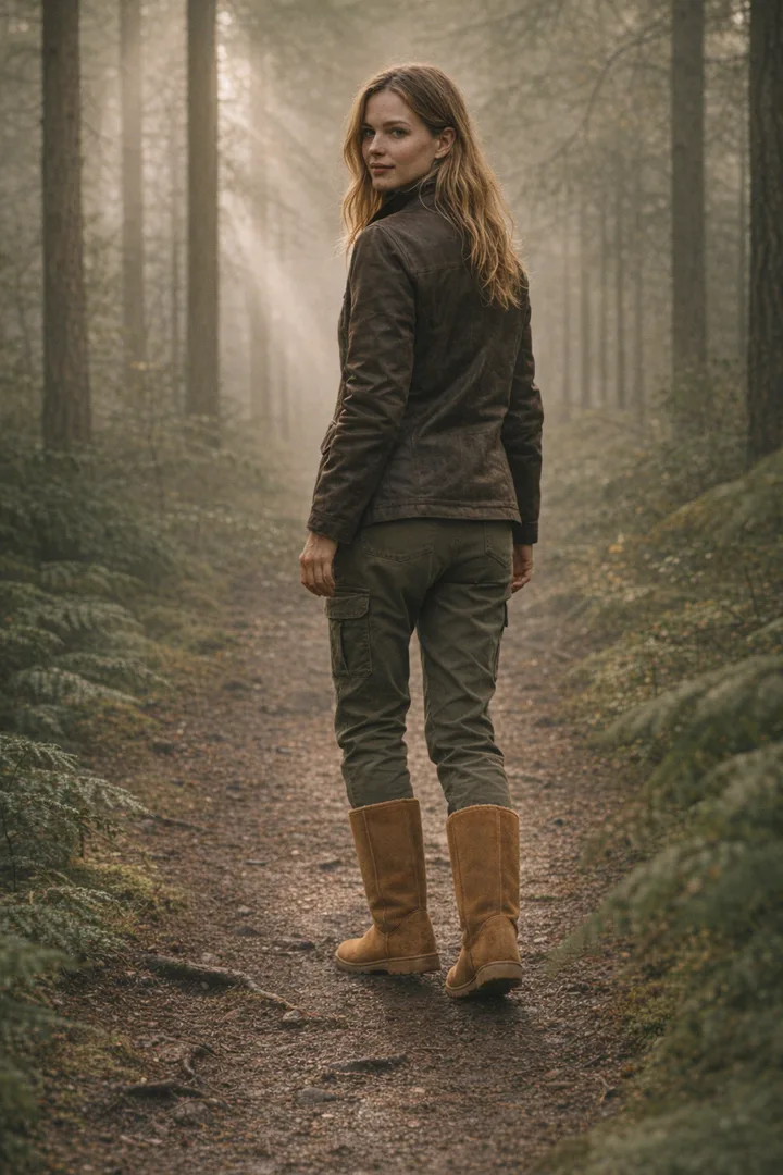 Woman wearing chestnut Classic Tall sheepskin boots in an editorial outdoor trail setting