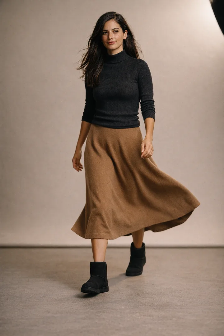 Woman wearing black Classic Short sheepskin boots in an editorial studio walking setting
