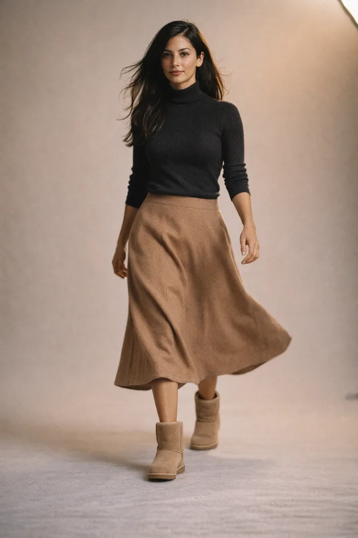 Woman wearing sand Classic Short sheepskin boots in an editorial studio walking setting