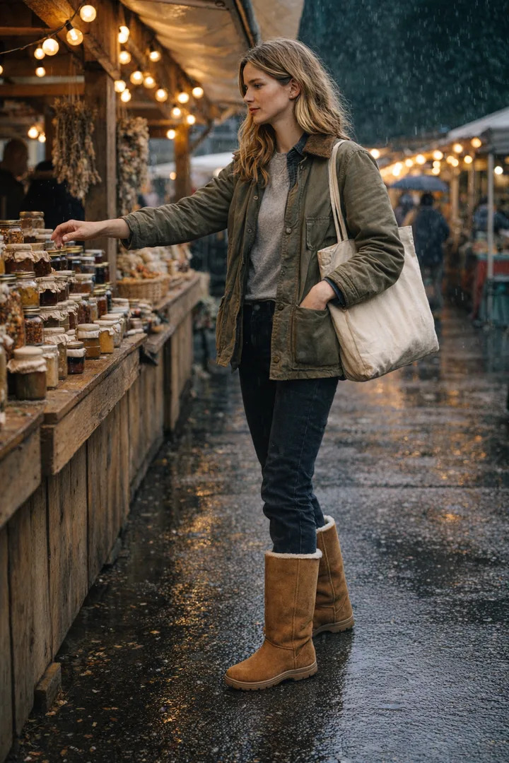 Woman wearing chestnut Classic Tall sheepskin boots in an editorial outdoor farmers market setting