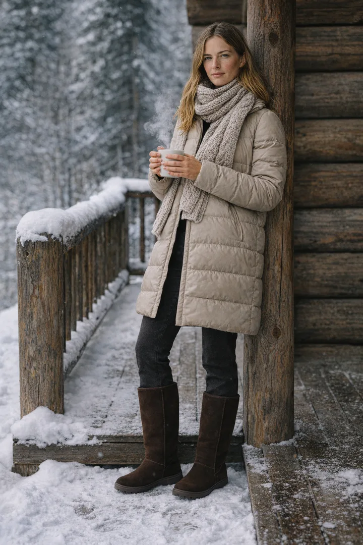 Woman wearing chocolate Classic Tall sheepskin boots in an editorial outdoor snow setting