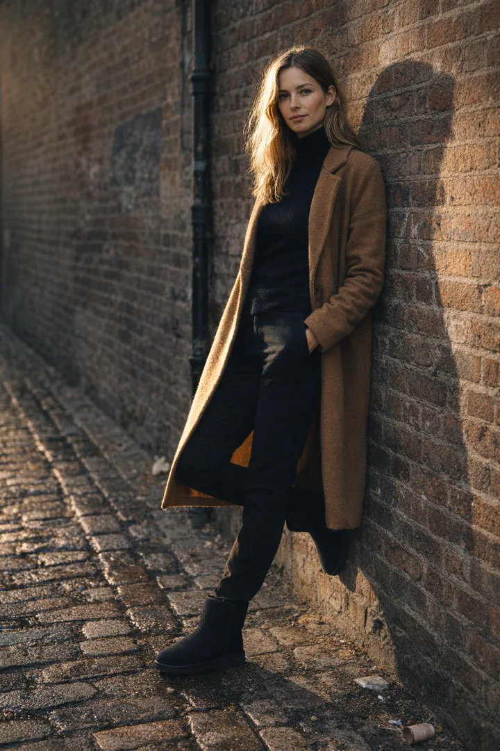 Woman wearing black Classic Short sheepskin boots in an editorial urban brick setting