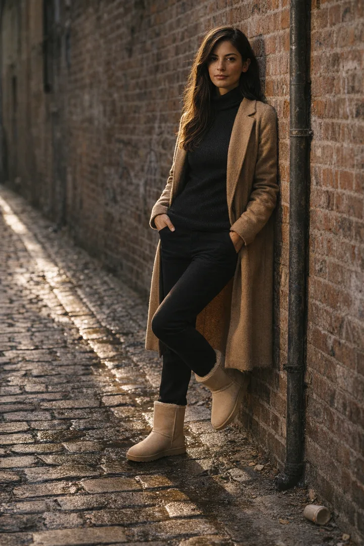 Woman wearing sand Classic Short sheepskin boots in an editorial urban brick setting