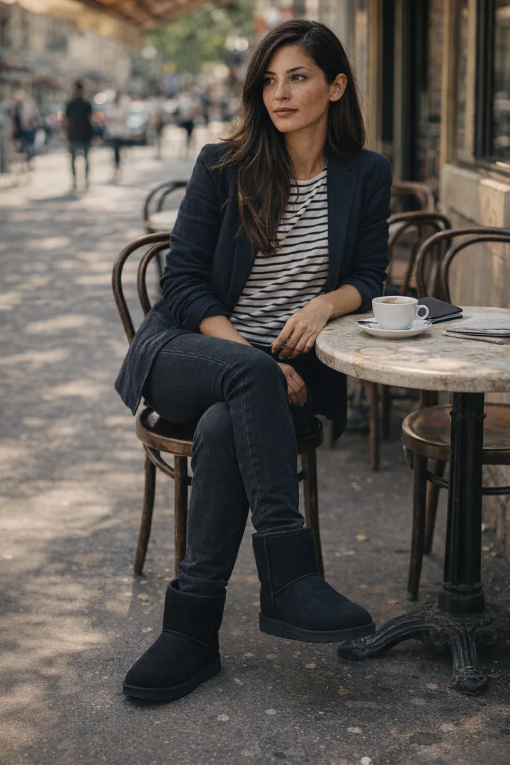 Woman wearing black Classic Short sheepskin boots in an editorial urban cafe setting