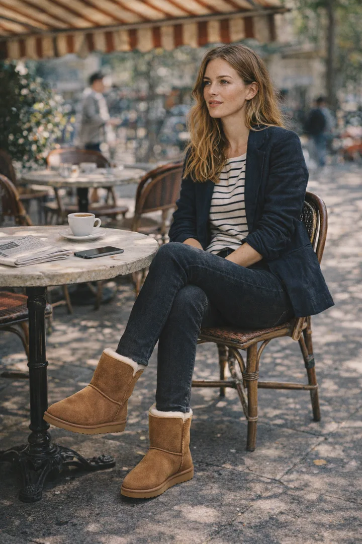 Woman wearing chestnut Classic Short sheepskin boots in an editorial urban cafe setting
