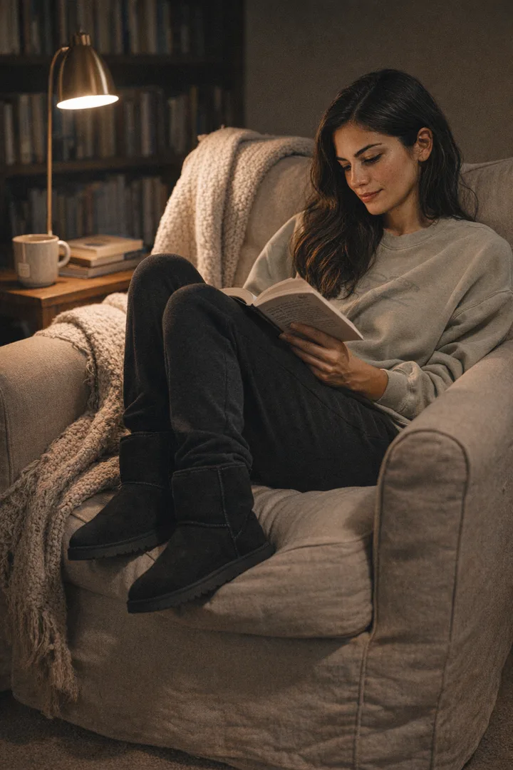 Woman wearing black Classic Short sheepskin boots in an editorial cozy reading nook setting