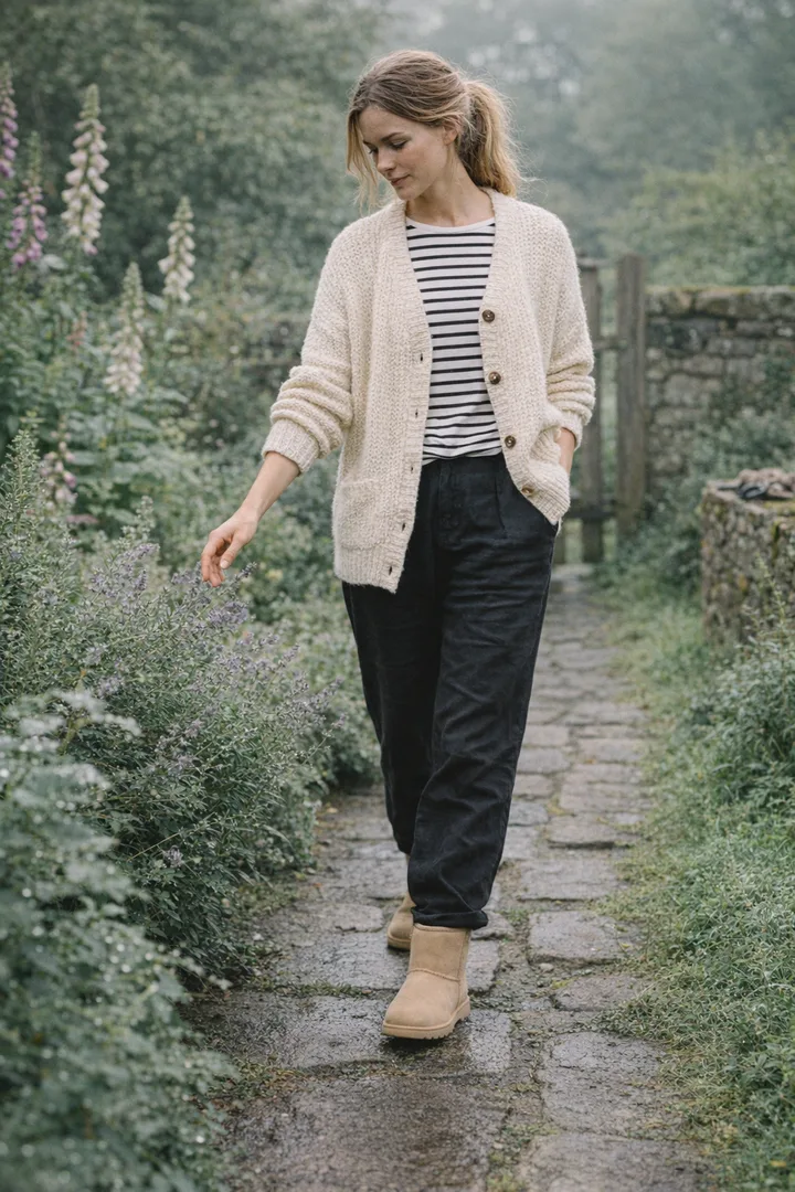 Woman wearing sand Classic Short sheepskin boots in an editorial outdoor garden morning setting