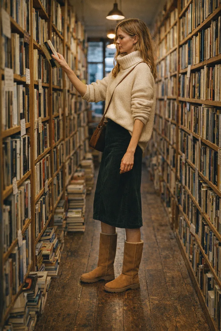 Woman wearing chestnut Classic Tall sheepskin boots in an editorial urban bookshop setting