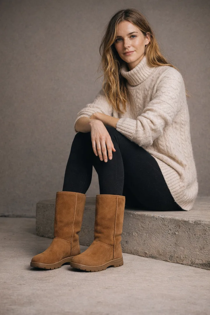 Woman wearing chestnut Classic Tall sheepskin boots in an editorial studio seated setting