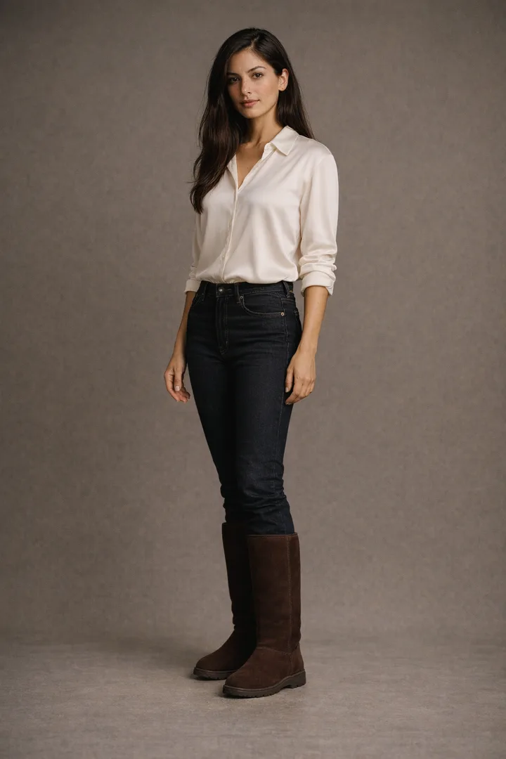 Woman wearing chocolate Classic Tall sheepskin boots in an editorial studio standing setting