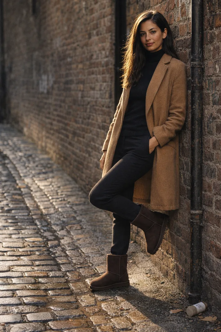 Woman wearing chocolate Classic Short sheepskin boots in an editorial urban brick setting