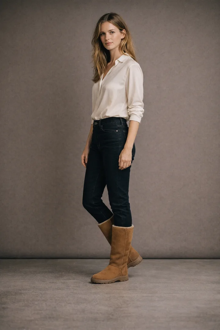 Woman wearing chestnut Classic Tall sheepskin boots with dark jeans and an ivory silk blouse in a studio setting